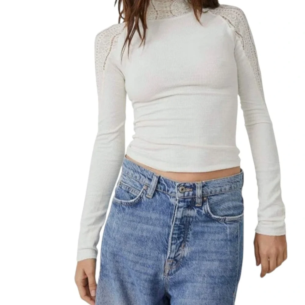 Free People Cream Feminine Fairy Hipster Lace Ribbed Mock Neck‎ Top Sz M
